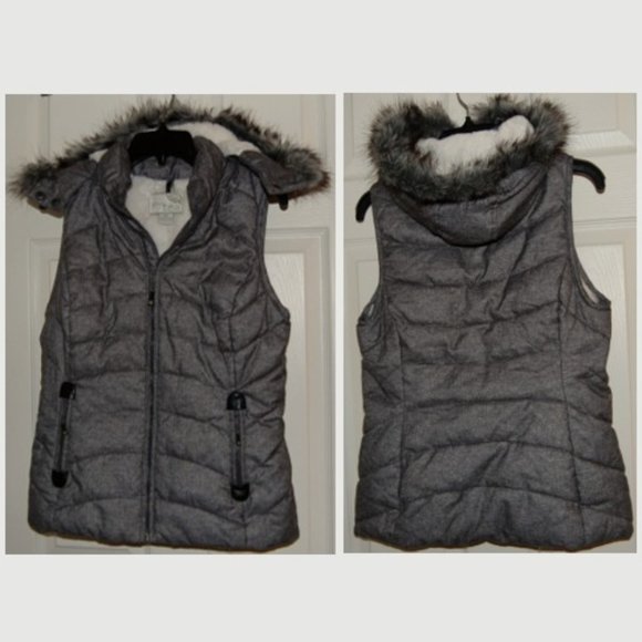 GreenTea Jackets & Blazers - Green Tea Puffer Vest, Faux Fur Lined, Hooded, Zip Pockets, Gray, Size S